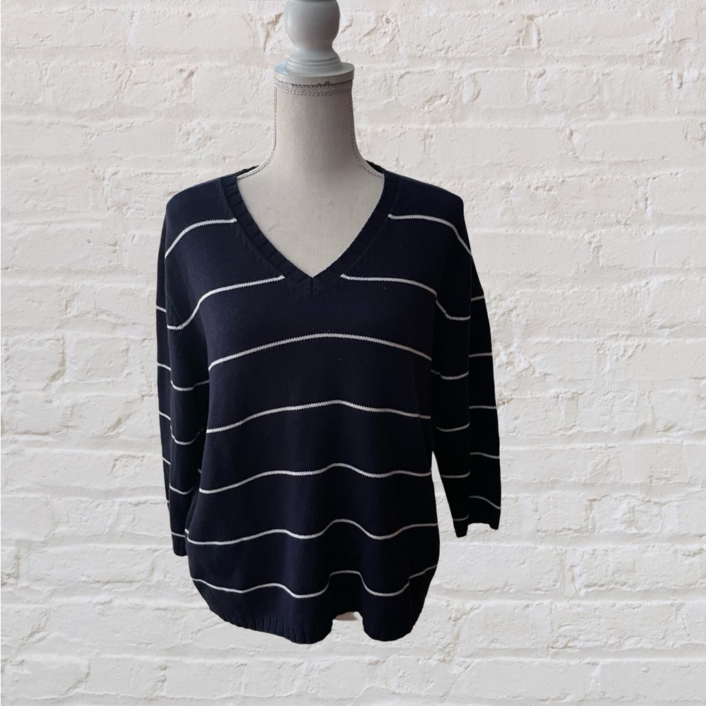 White Stag Vintage sweater Navy Blue White stripes ribbed cotton V Neck size LG - Picture 4 of 13